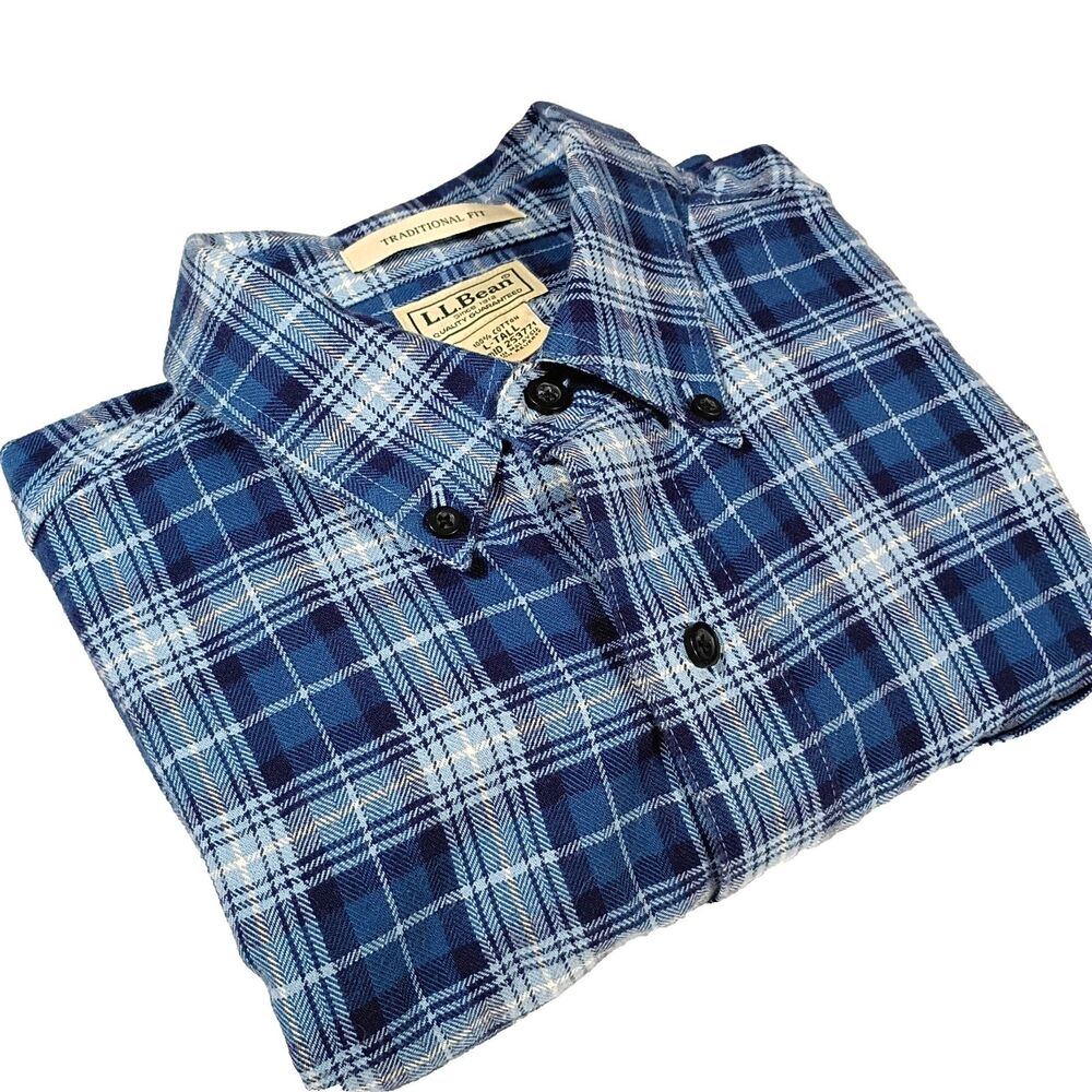 LL Bean Men's Blue Plaid Flannel Shirt LT Tall 100% Cotton Traditional Fit